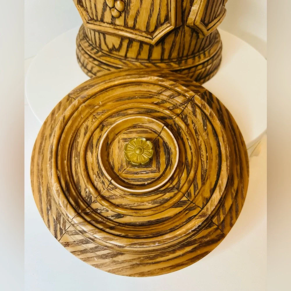 Vintage Mid-Century Brown Faux Wooden Ice Bucket with embossed Grape Clusters